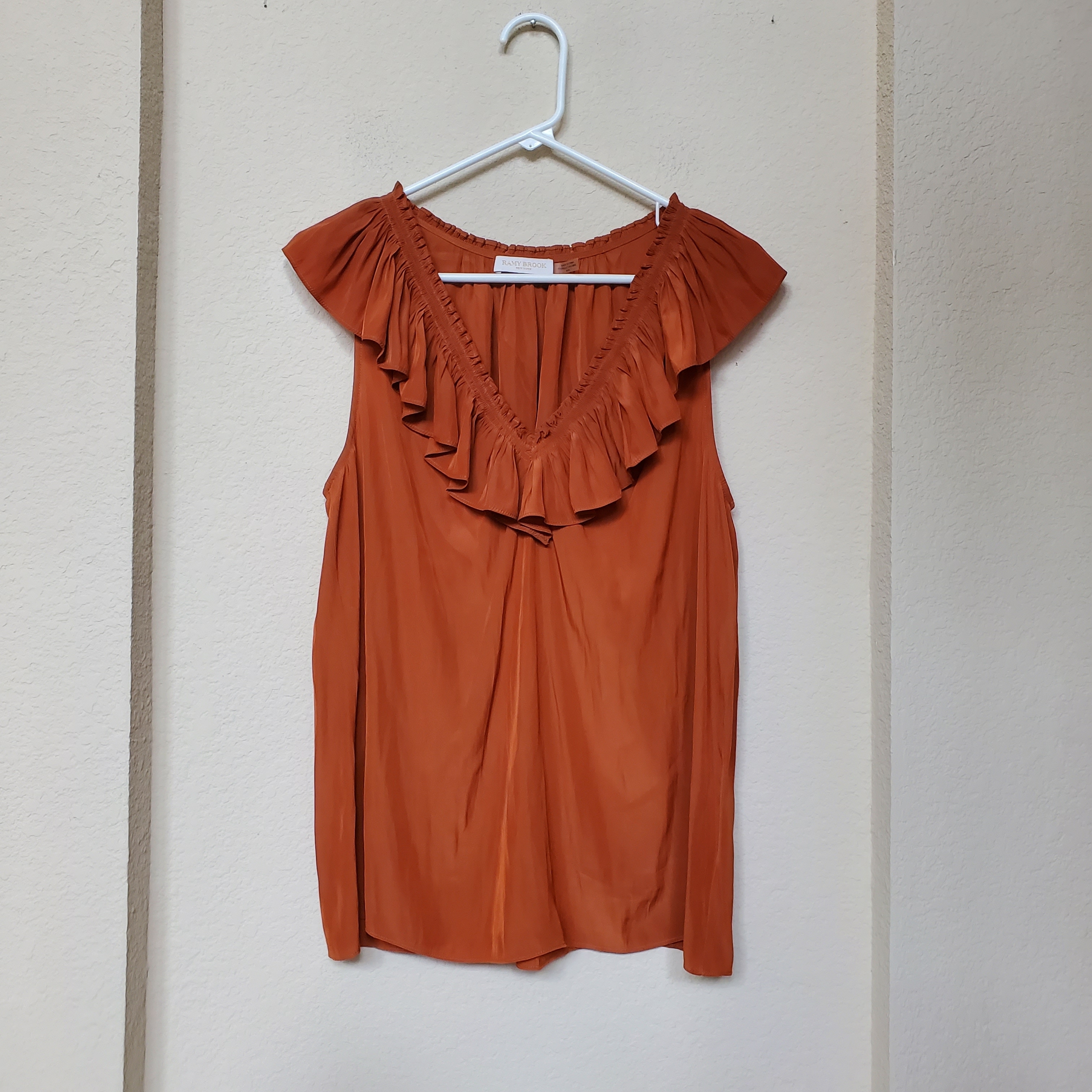 Ramy Brook Rust Orange Ruffle V-Neck Sleeveless Blouse. Size Medium